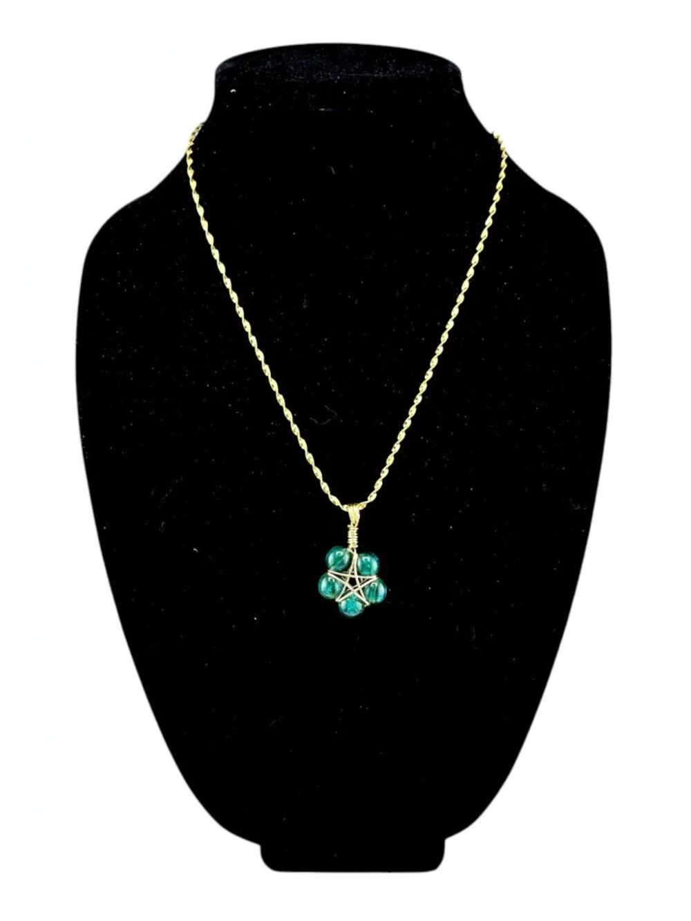 Emerald Green Sparkle Star Necklace Gold Plated Chain Hand Crafted Wire Wrapped